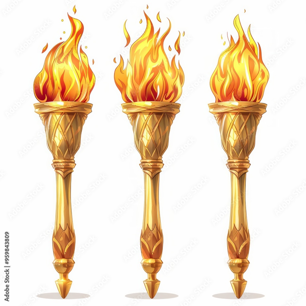 Poster set of different torch with fire on white background