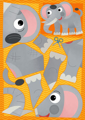 cartoon scene with character puzzle cutout educational exercise manual work with scissors animal elephant illustration for children