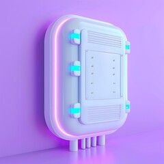 Futuristic electronic device in minimalistic style, glowing neon lights in a modern, pastel-colored environment.