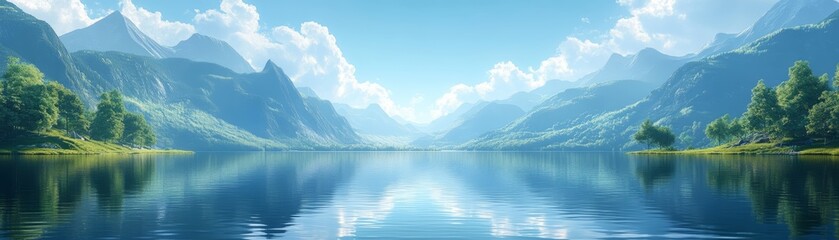 Naklejka premium Serene Mountain Lake Landscape with Blue Sky and Clouds
