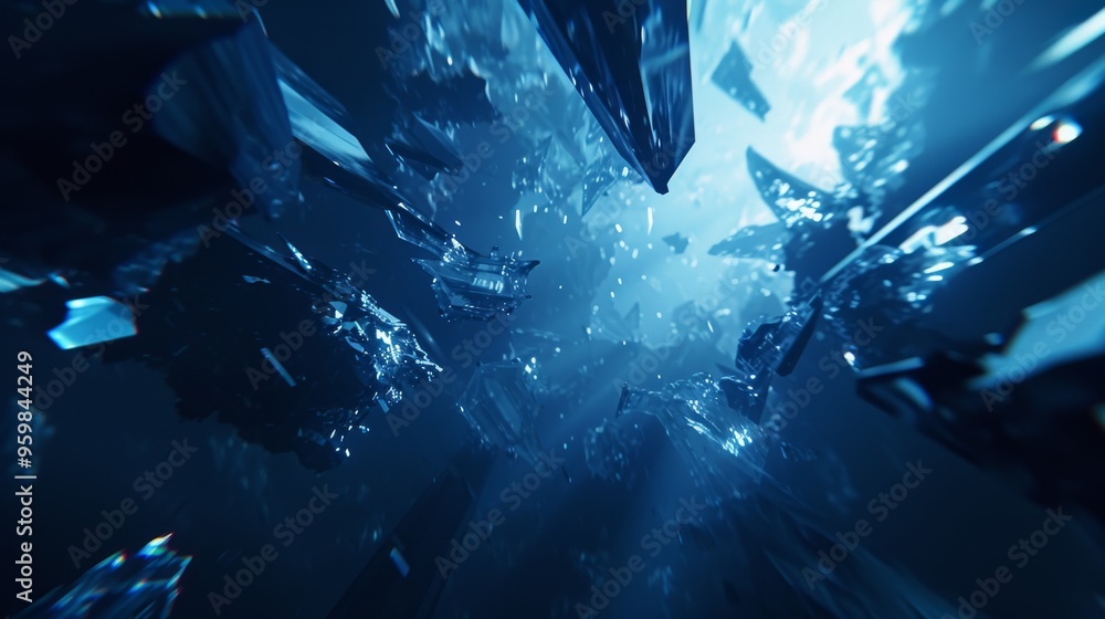 Aufkleber futuristic abstract digital art featuring floating crystals in a dark, ethereal space. the sharp, ge