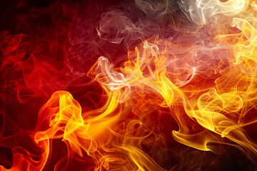 Fototapeta premium Vibrant fiery smoke abstract background, glowing inferno flames with dynamic orange and red colors, swirling smoke textures for dramatic visual effects, perfect for fire-themed projects