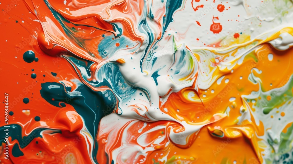 Poster an abstract close-up of vibrant paint swirling and mixing in dynamic patterns, featuring bold colors