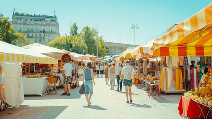 A lively outdoor market with vibrant stalls and shoppers enjoying a sunny day, creating a bustling, joyous atmosphere.