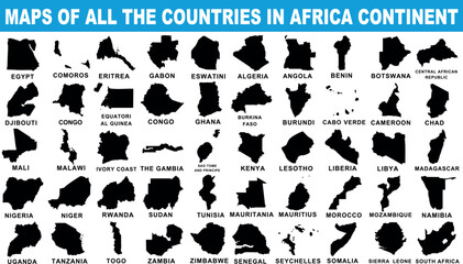 Africa continent countries map silhouette, vector map shows Egypt, Nigeria, Kenya, South Africa, and more. country borders of African nations for educational, geographical, design purpose