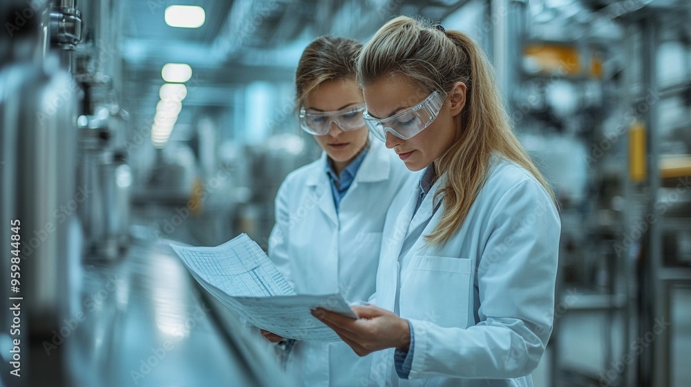 Aufkleber precision in the pipeline: female engineers examining blueprints in high-tech factory