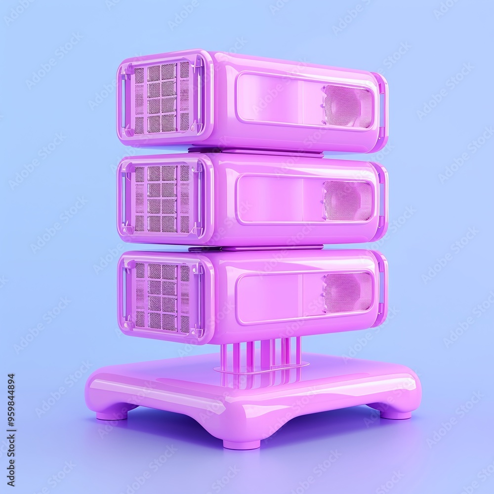 Poster futuristic pink data server with stacked components on a blue background, representing technology an