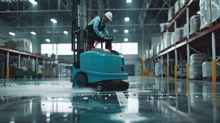 A worker in a modern warehouse maneuvers a large, teal floor scrubber, leaving a gleaming trail on the polished concrete as sunlight filters through the skylights.