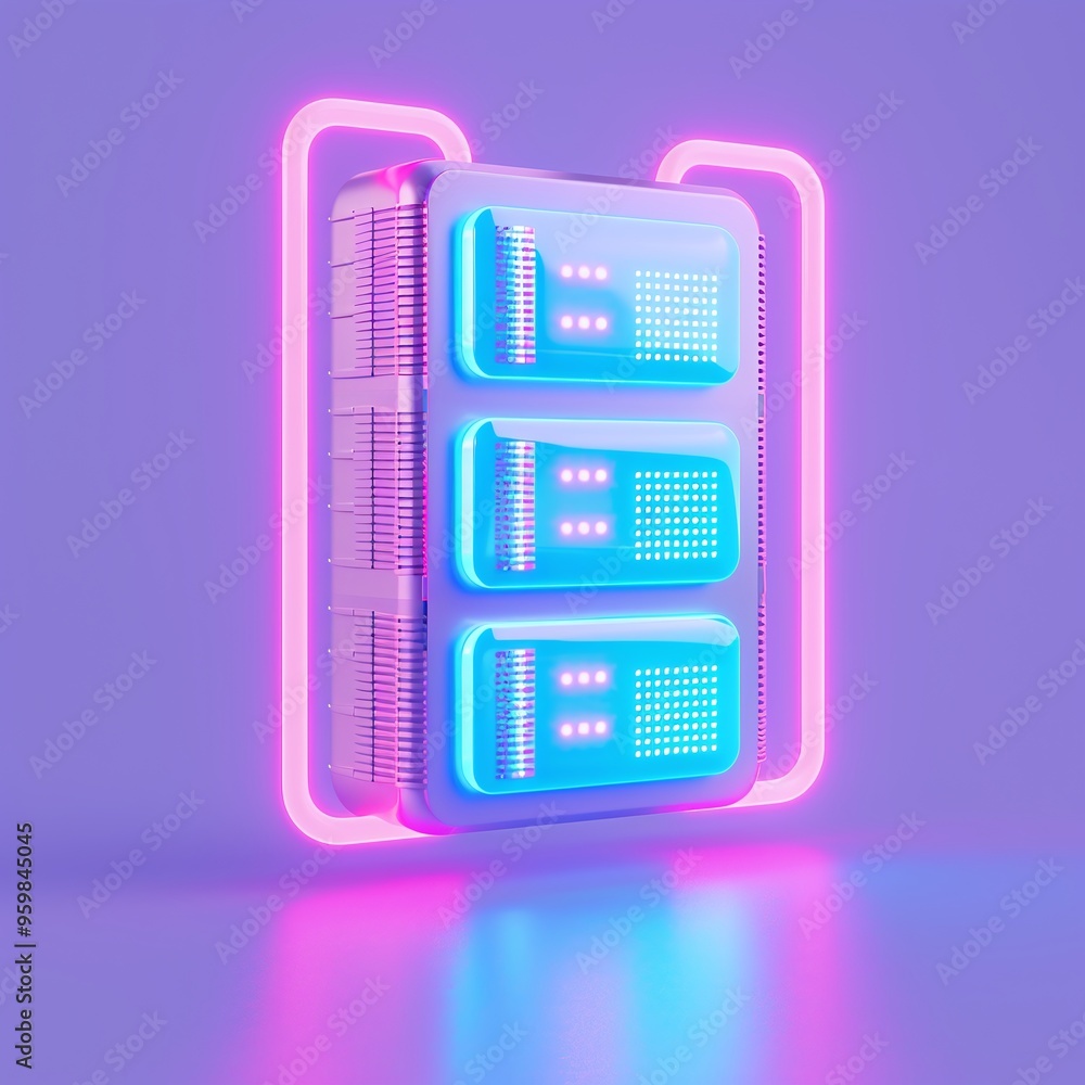 Poster futuristic server equipment with neon lights in a modern technological environment, symbolizing adva