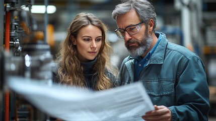 Mentorship in the Factory: A seasoned engineer guides a younger colleague through technical blueprints, fostering knowledge transfer and collaboration within a modern industrial setting.  