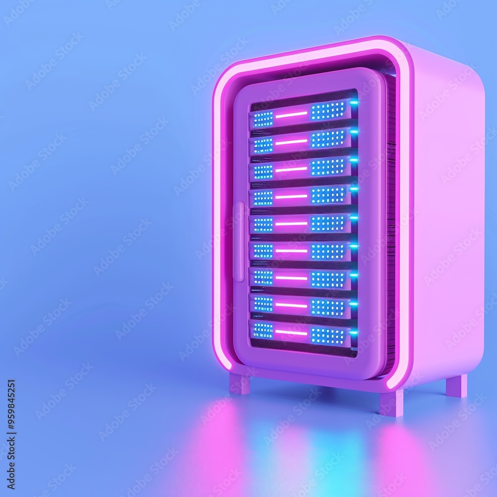 Poster futuristic server rack with neon lights in a minimalistic design, showcasing advanced technology and