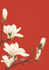 Naklejka premium White magnolia flowers on red background
