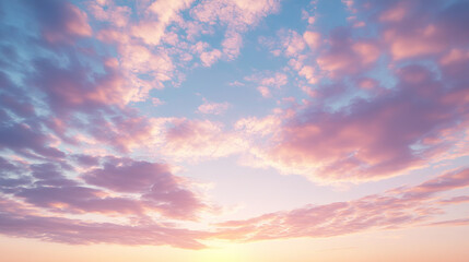 Fototapeta premium Breathtaking view of the sky at dawn with soft pastel colors blending together as the first light of the sun breaks through the clouds, capturing the serene beauty of a new day.