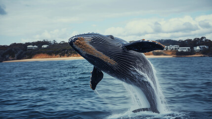 Large humpback whale breaching ocean waters Jervis Bay Australia wildlife guided boat tour marine adventure coastal landscape beach shore blur background copy space banner ad jumping animal mammal 