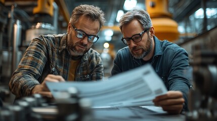 Precision Engineering in Progress: Two focused engineers meticulously analyze blueprints amidst the intricate machinery of a modern factory, showcasing industrial collaboration and technical expertise