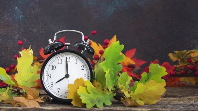 Autumn time - clock in fall leaves, autumnal change of time concept