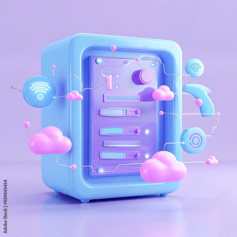 Poster futuristic server surrounded by clouds and digital icons, representing cloud computing and data stor