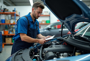 Mechanic inspecting a car engine in a well-organized workshop, bright lighting.







