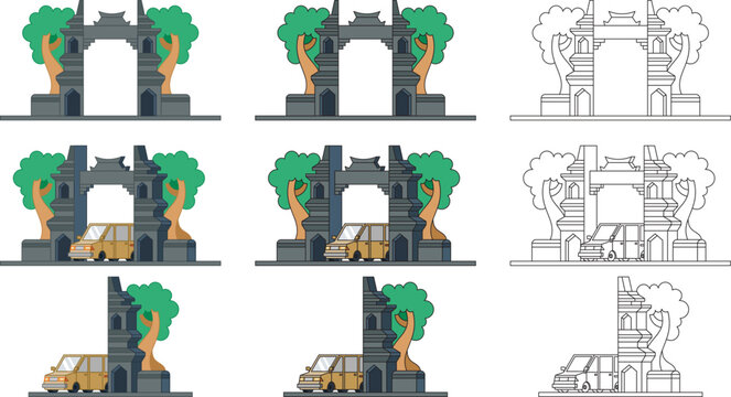 illustration set icon car and gapura vector art