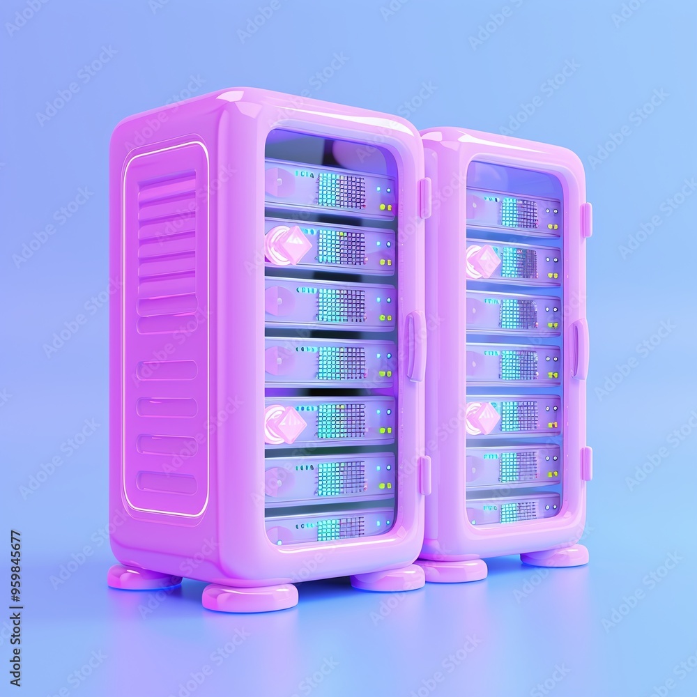 Aufkleber futuristic server units with neon lighting in a modern data center on a blue background, representin