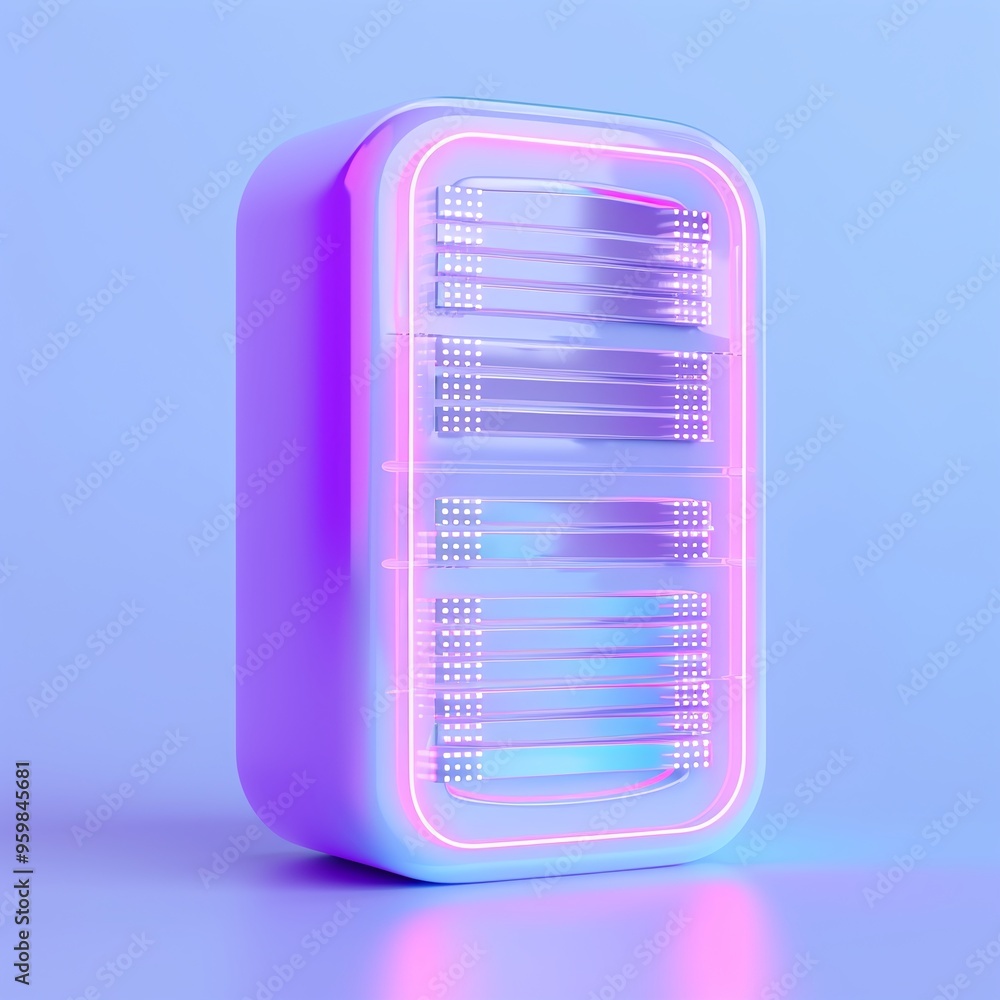 Poster futuristic server with neon lights in a minimalist design. perfect for technology, it, data storage,