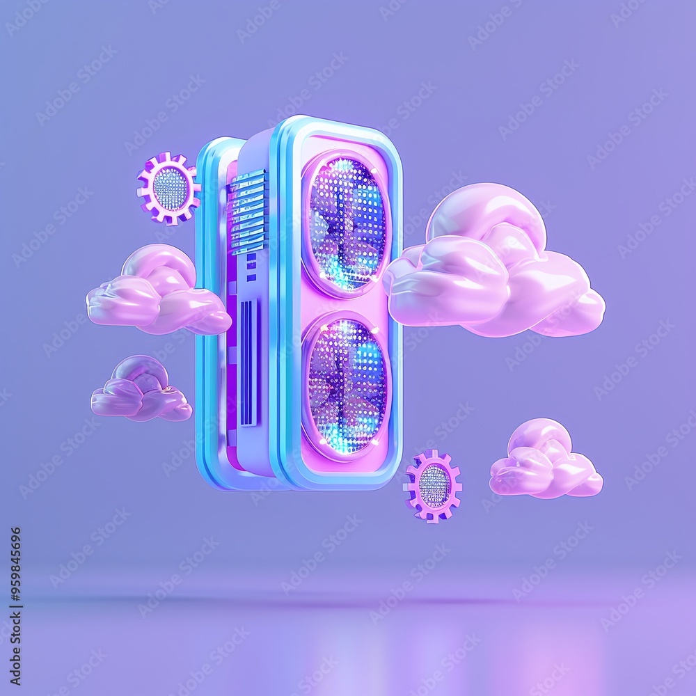 Poster futuristic technology concept with cloud storage and digital gears on a gradient background. ai inno