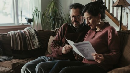 A couple sits together on a comfortable couch, intently reading a document, sharing a moment of focus and connection in a cozy, plant-filled living room.