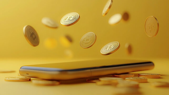 Playful 3D animation of a mobile payment, highlighting the ease and security of online transactions with floating coins.