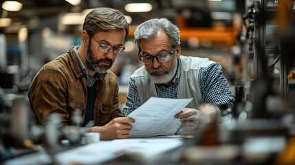 Factory Floor Collaboration: Two skilled professionals, one young and one seasoned, collaborate intently over blueprints in a bustling factory setting, highlighting the knowledge transfer and teamwork
