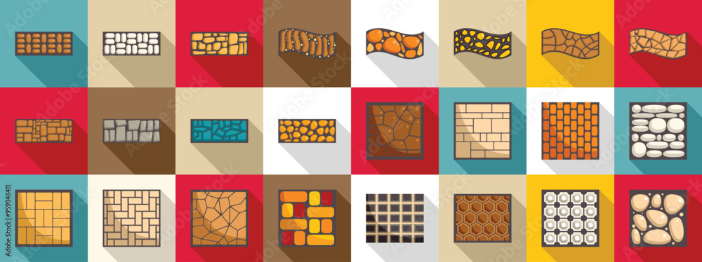 Poster stone footpath icons set. set of various paving slabs for building pavement icons in flat style with