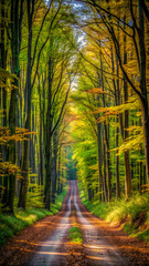 Naklejka premium autumn in the forestforest, autumn, nature, fall, tree, trees, landscape, park, leaves, woods, path, foliage, season, yellow, sun, leaf, wood, green, light, road, orange, sunlight, october, trail, col