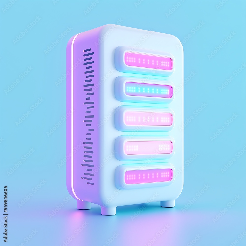 Poster modern server with colorful neon lights on a pastel blue background. futuristic technology concept f