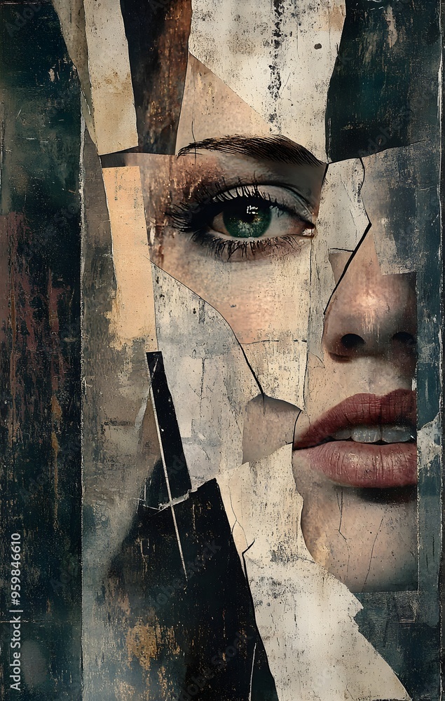 Poster 49. **abstract portrait featuring a human face with fragmented, deconstructed elements and textured 