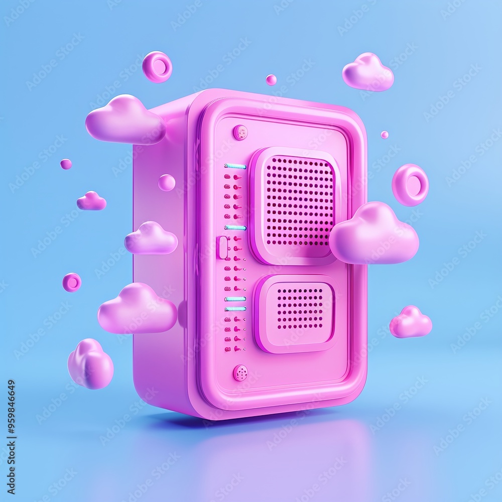 Poster pink retro-inspired device surrounded by floating clouds on a blue background, blending nostalgic de