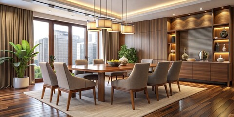 Elegant dining room featuring modern furniture in rich wood tones, showcasing sleek lines and plush seating for 8-10