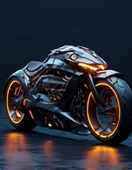 A sleek, futuristic motorcycle is illuminated by vibrant orange neon accents. The design showcases intricate details, with sharp angles and a cutting-edge aesthetic. The dark background enhances the