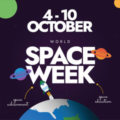 World Space Week 4 to 10 October. Space week celebration banner with earth globe, spaceship launching from it, planets, stars icons. The week celebrates mankind's, victories, milestones in outer space © Sabeen