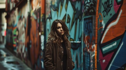 Naklejka premium A young woman with a serious expression stands in front of a wall covered in graffiti, embodying the raw energy of urban art culture.