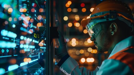 An engineer, clad in safety gear, examines a brightly-lit, high-tech control panel, brimming with various buttons and displays in a futuristic environment.