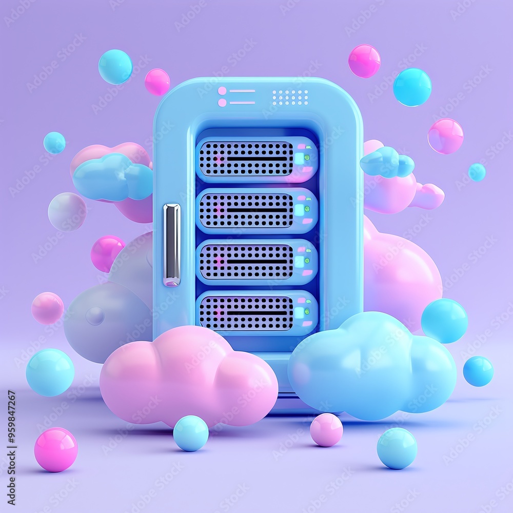 Poster vibrant illustration of cloud computing data server with pastel-colored clouds and spherical element