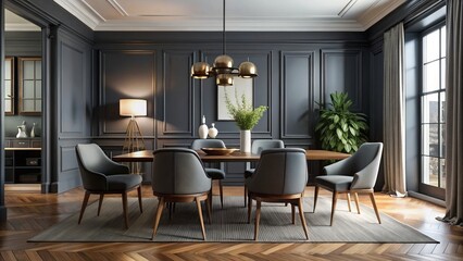 Elegant dining room interior with charcoal-painted table and chairs in a classic modern style