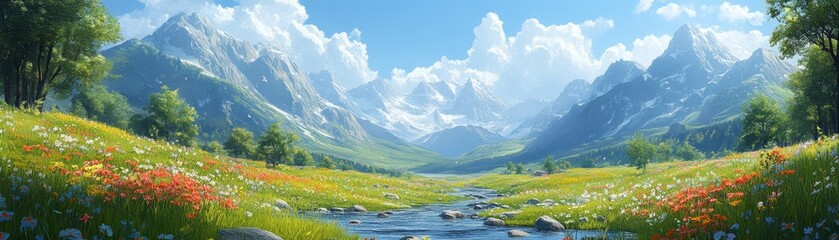Fototapeta premium Idyllic Mountain Meadow Landscape with River and Wildflowers