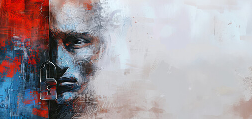 A face split in half with a keyhole symbol, portraying the concept of locked or controlled freedom
