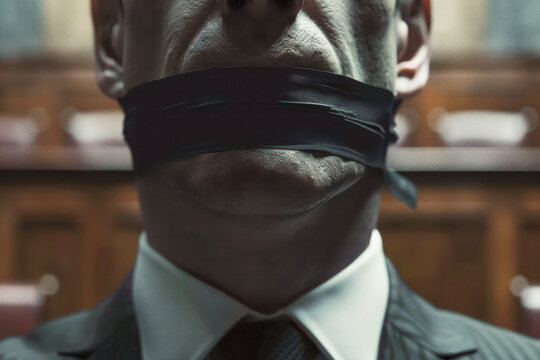 A man's mouth is gagged with black tape, symbolizing the suppression of speech and control in a courtroom
