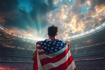 man stands wrapped in an American flag in a large stadium, facing a dramatic sunset with rays of sunlight piercing through clouds