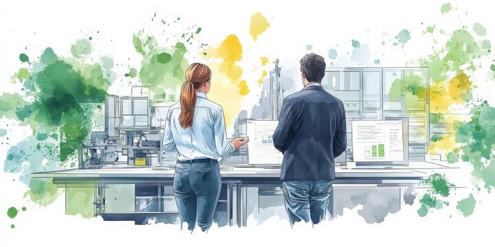 A creative workspace with two professionals observing project data on screens, surrounded by vibrant colors and innovation.