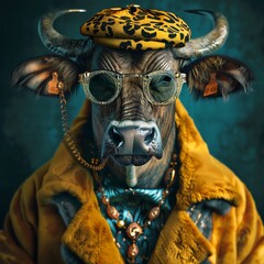 Luxury buffalo in yellow and blue in glasses