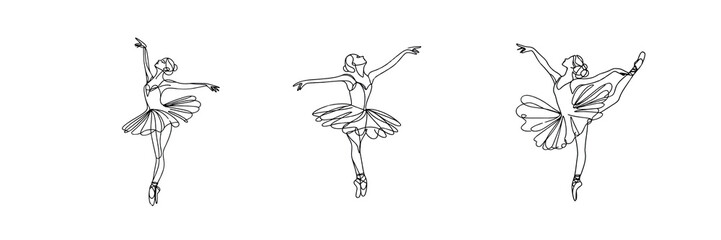 Set of Ballerina girl hand drawn picture silhouette line art, isolated over on transparent white background