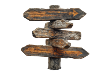 A rustic wooden signpost with multiple arrows pointing in different directions, perfect for travel and adventure themes.