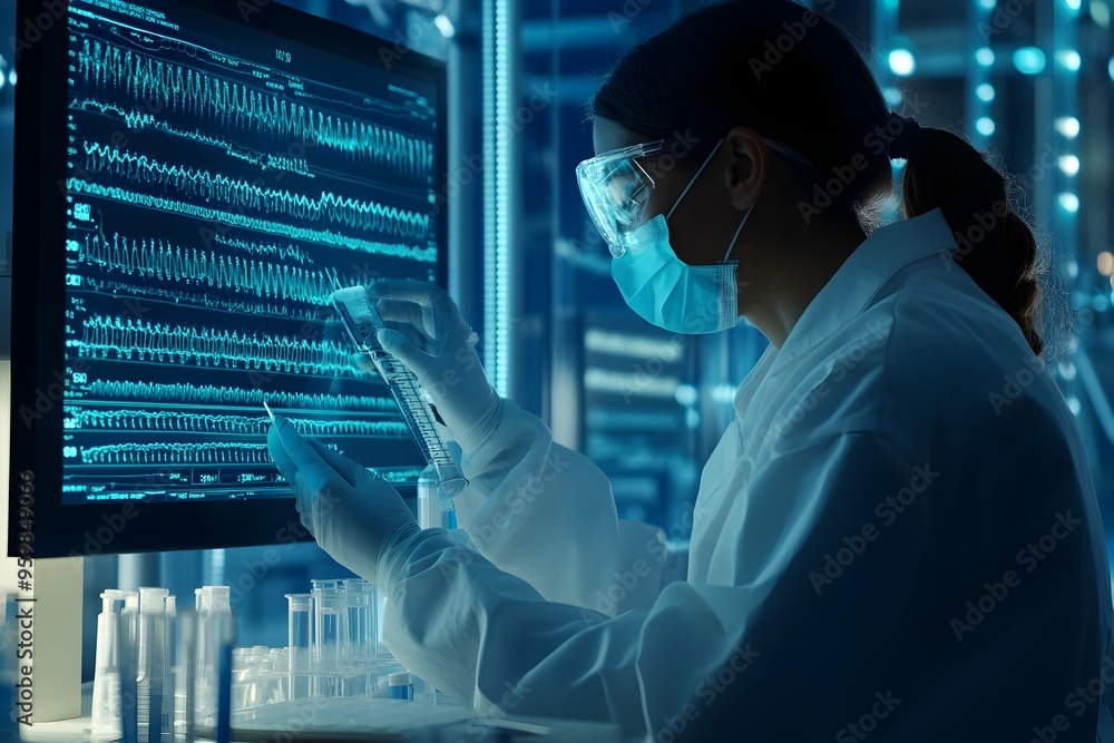 Poster scientist utilizing crispr gene editing tool in high tech biotechnology laboratory